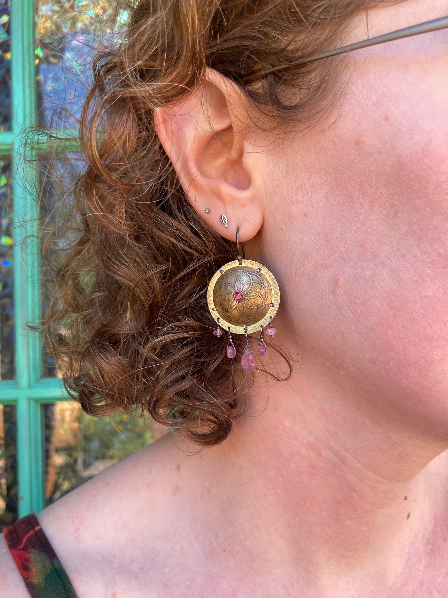 Ruby, Tourmaline and Rhodolite Garnet Shield Earrings