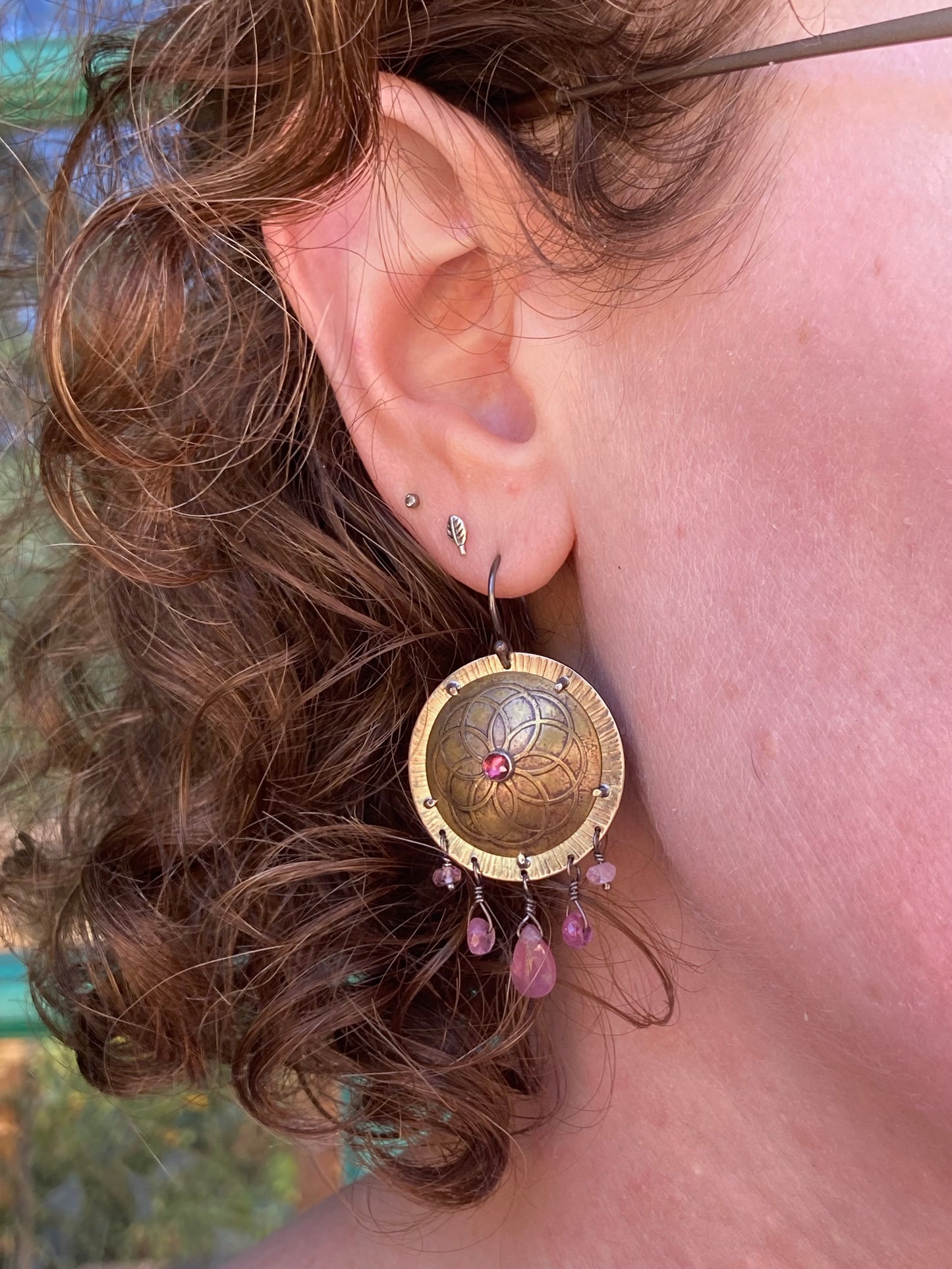 Ruby, Tourmaline and Rhodolite Garnet Shield Earrings