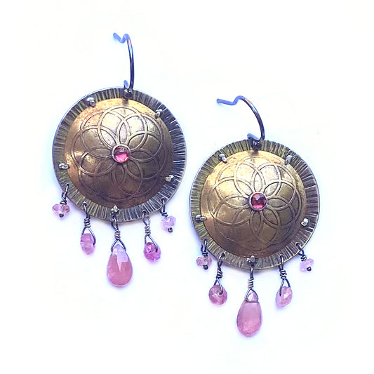 Ruby, Tourmaline and Rhodolite Garnet Shield Earrings