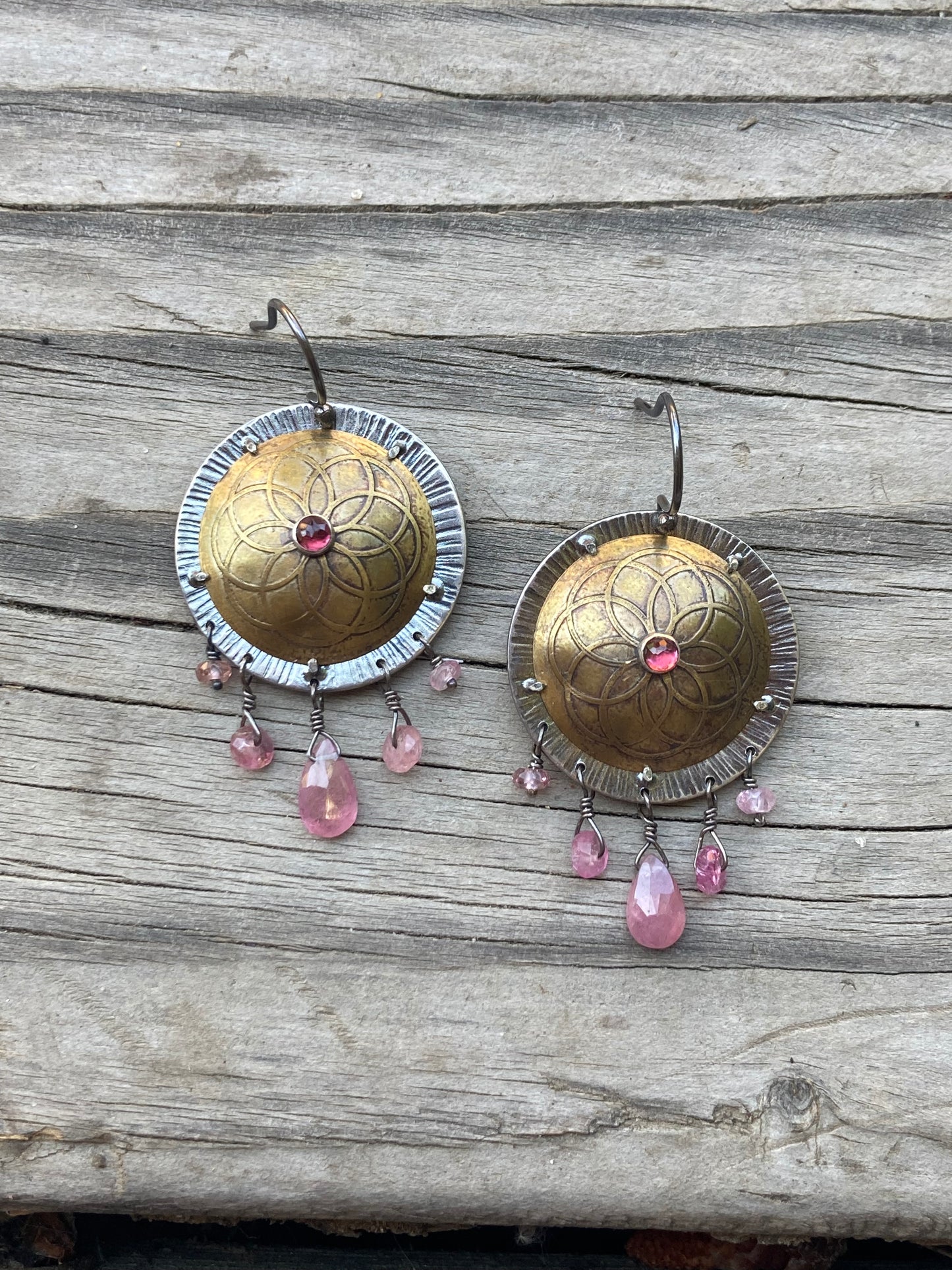 Ruby, Tourmaline and Rhodolite Garnet Shield Earrings