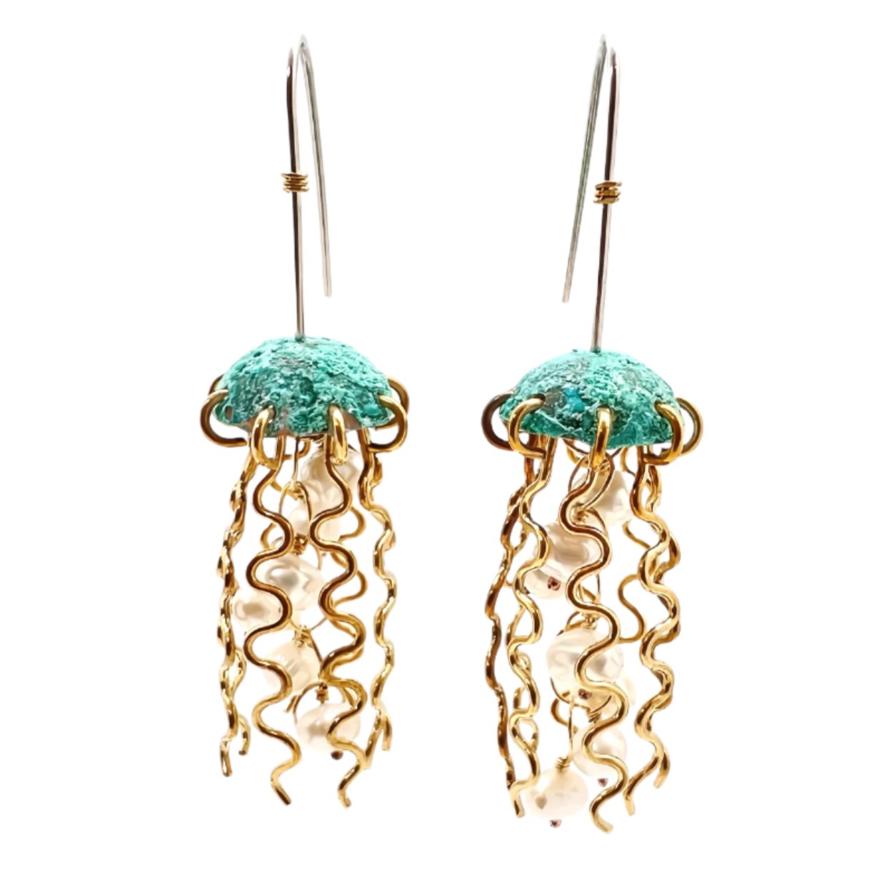 Green Copper Jellyfish Earrings with White Pearls and Sterling Silver Earwires