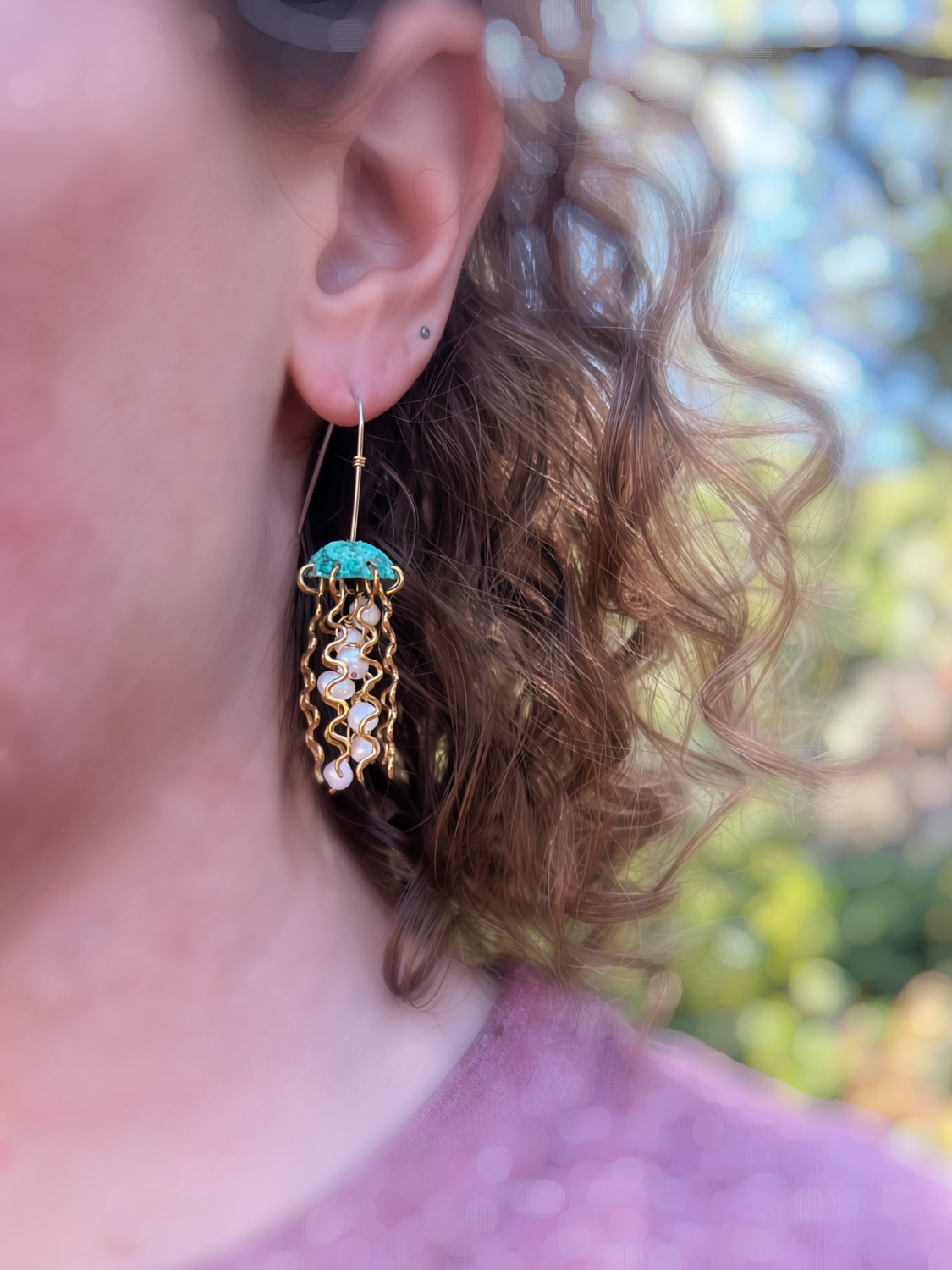 Green Copper Jellyfish Earrings with White Pearls and Sterling Silver Earwires