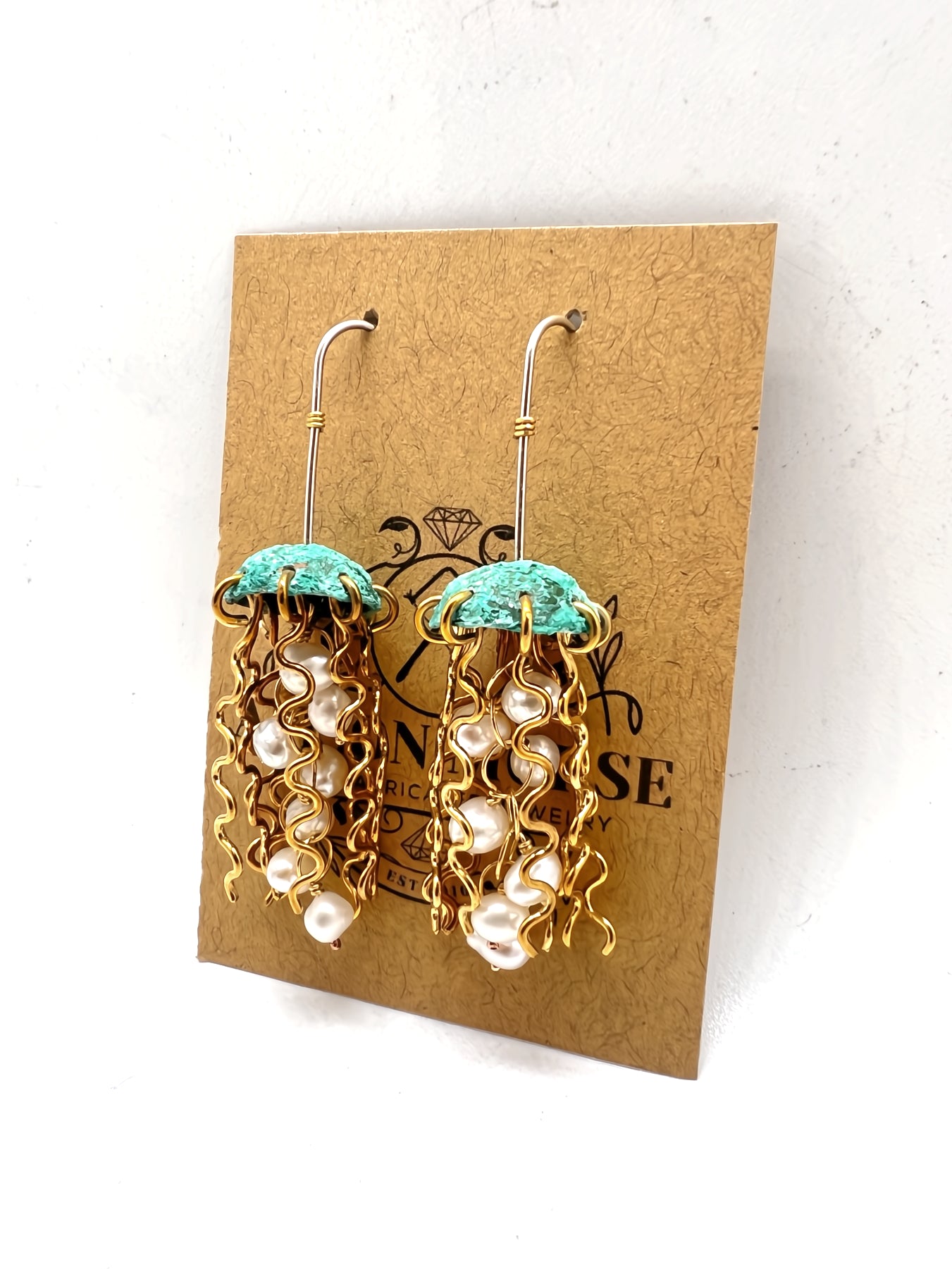 Green Copper Jellyfish Earrings with White Pearls and Sterling Silver Earwires