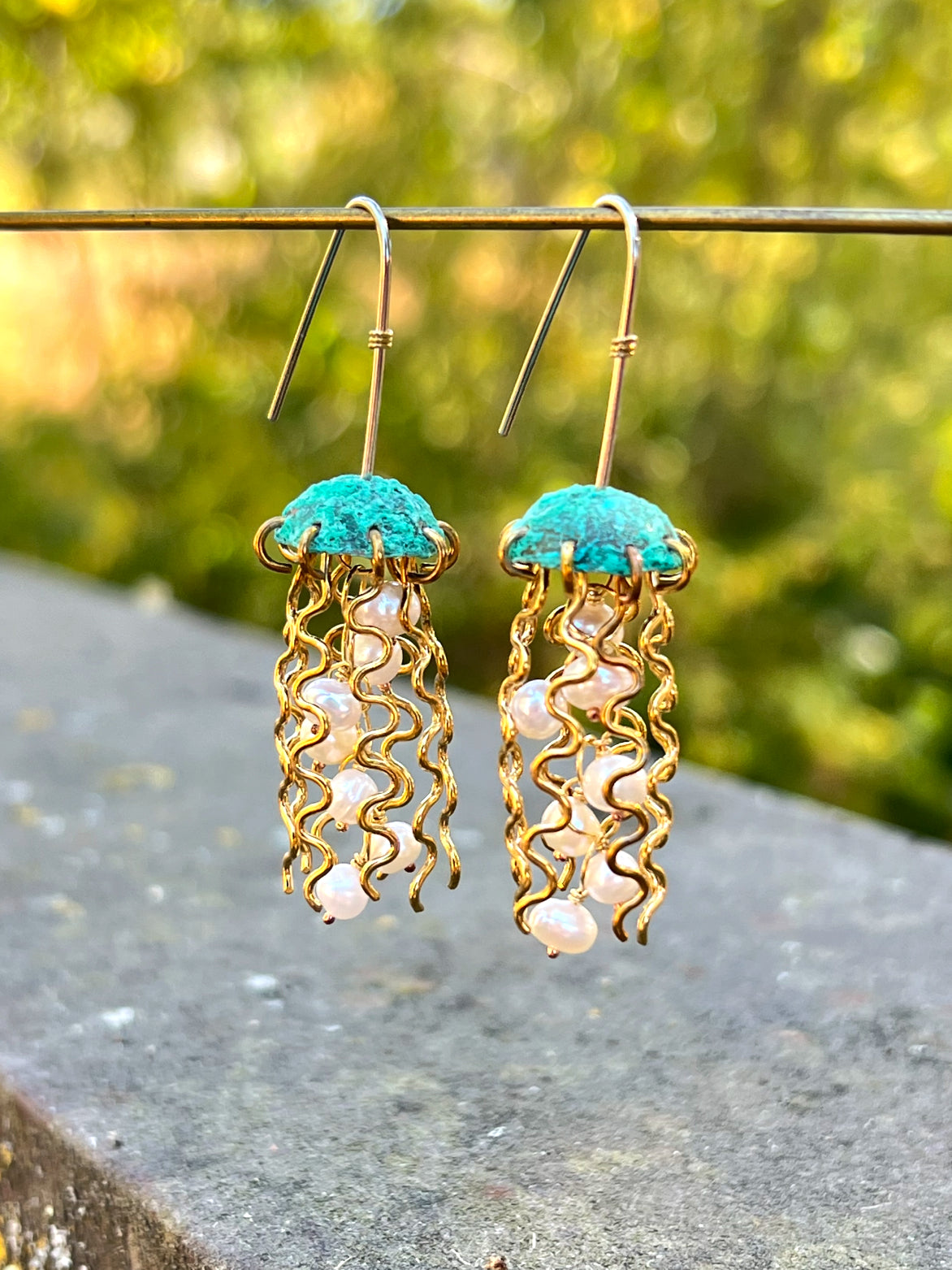 Green Copper Jellyfish Earrings with White Pearls and Sterling Silver Earwires