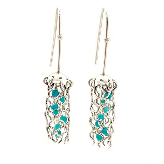 Mini Jellyfish Earrings in Sterling Silver with Turquoise Beads