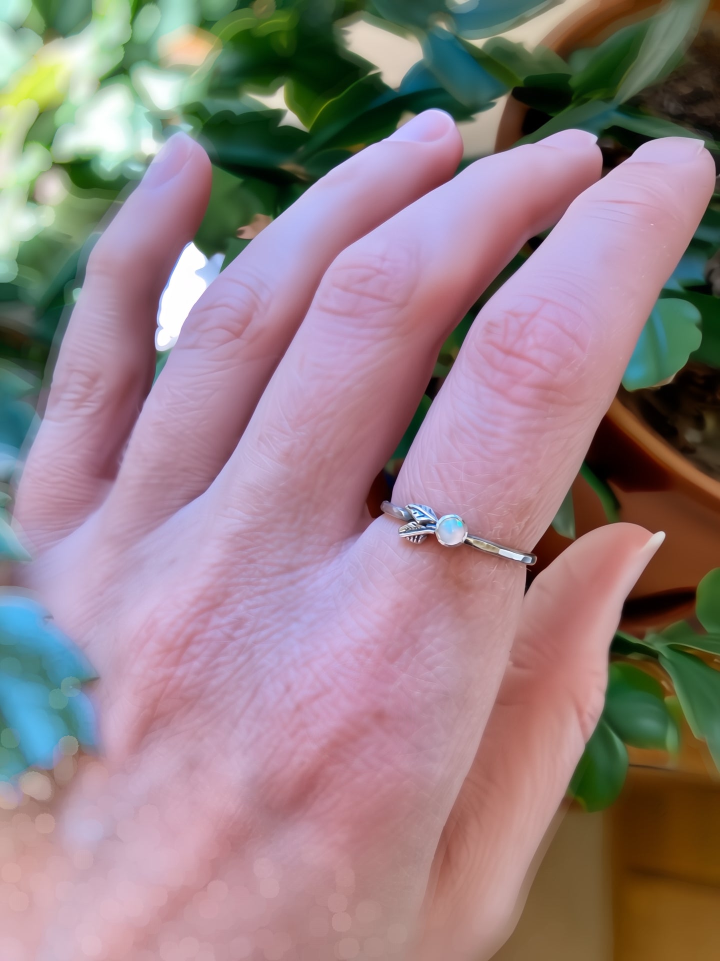 Opal Leaf Ring in Sterling Silver | Size 6.75