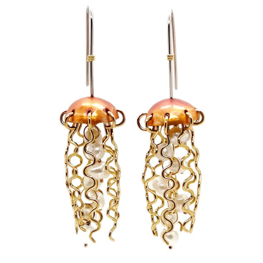 Red Copper Jellyfish Earrings with White Pearls and Sterling Silver Earwires