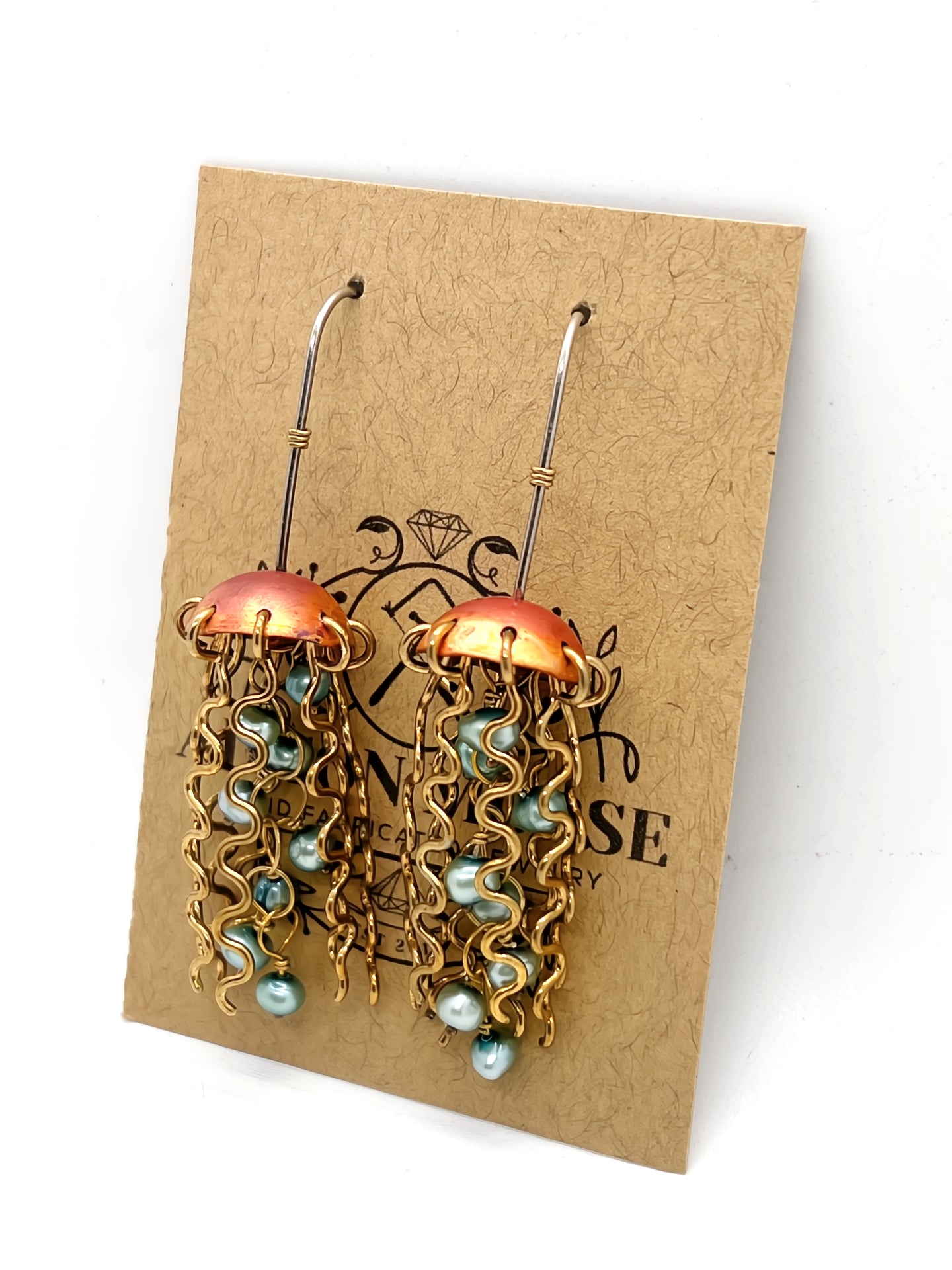 Red Copper Jellyfish Earrings with Green Pearls and Sterling Silver Earwires