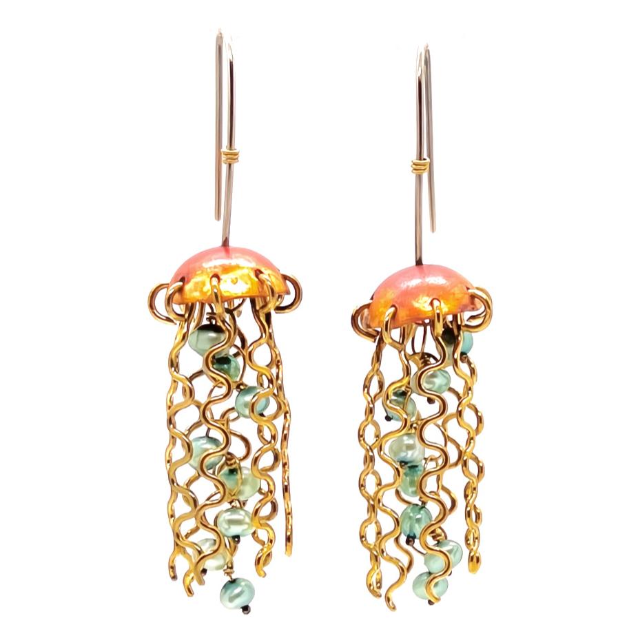 Red Copper Jellyfish Earrings with Green Pearls and Sterling Silver Earwires