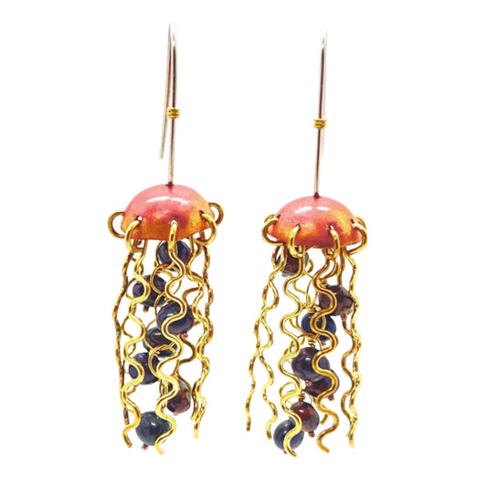 Red Copper Jellyfish Earrings with Dark Pearls and Sterling Silver Earwires