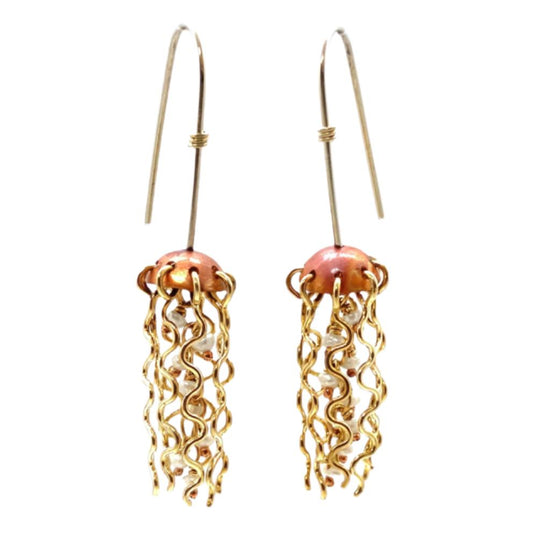 Mini Red Copper Jellyfish Earrings with White Pearls and Sterling Silver Earwires