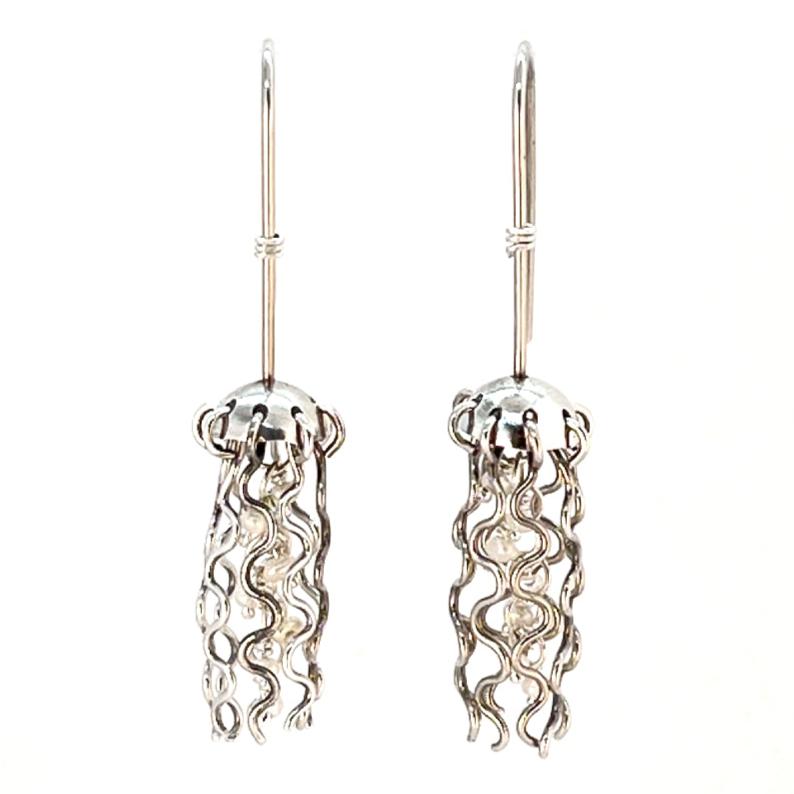 Mini Jellyfish Earrings in Sterling Silver with White Pearls