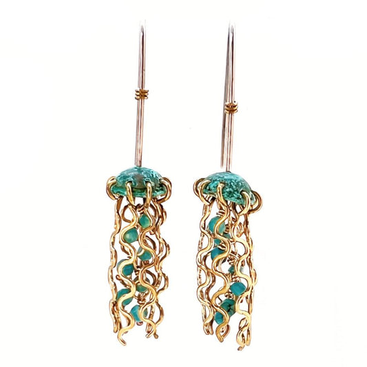 Mini Green Jellyfish Earrings with Turquoise Beads and Sterling Silver Earwires